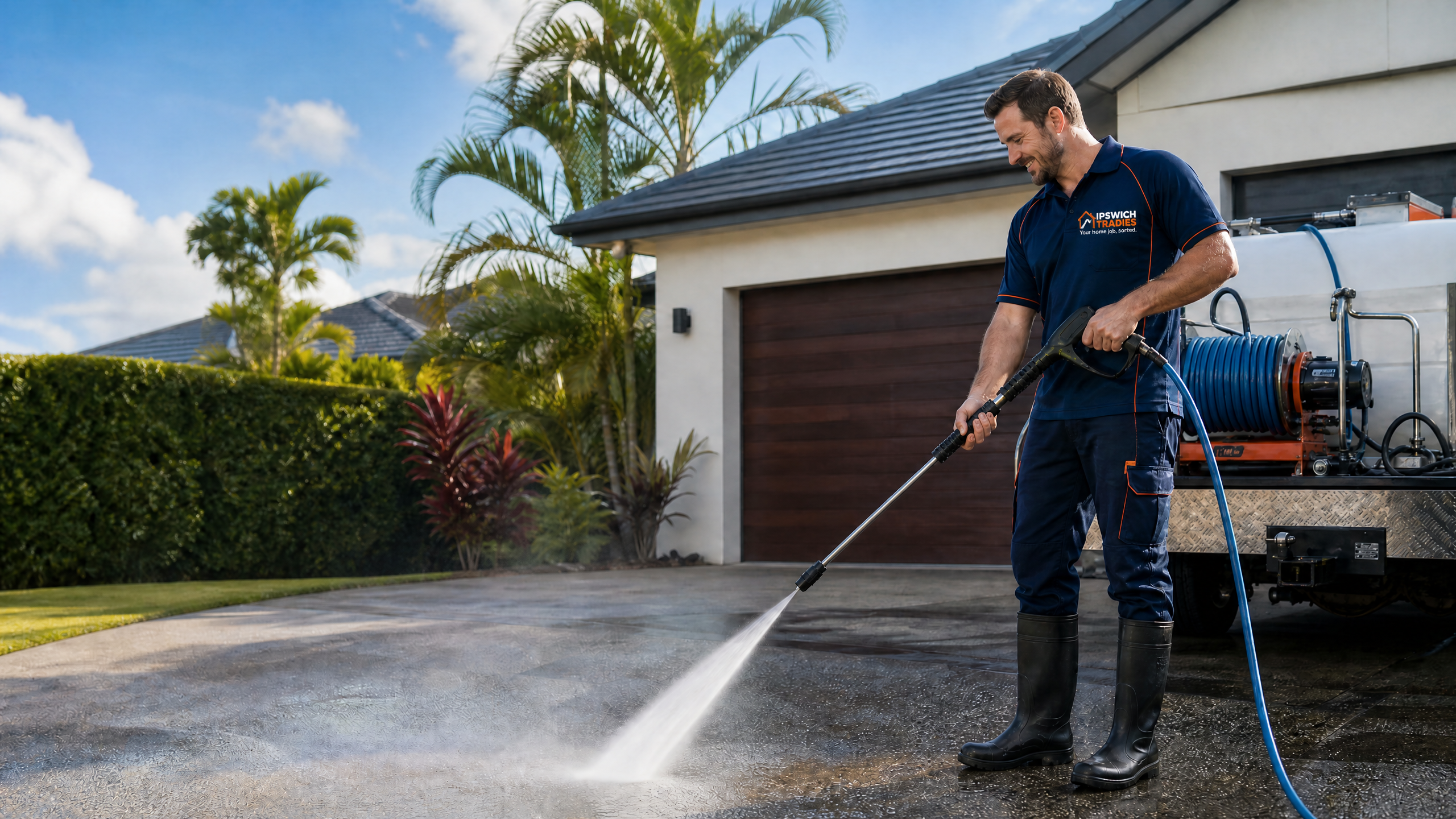 Pressure-washing professional cleaning a Queensland residential driveway